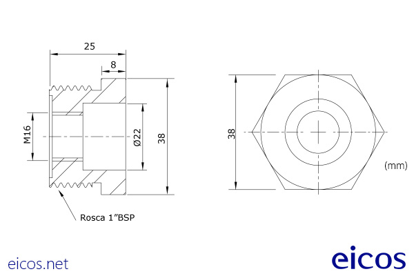 Dimensions of 1"BSP aluminum connector for mounting of level switches