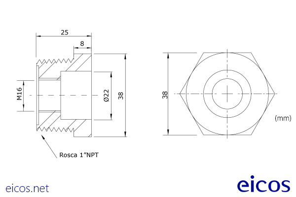 Dimensions of 1"NPT aluminum connection for mounting of level switches