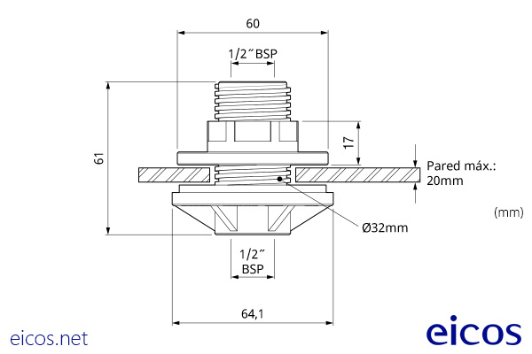 Dimensions of the 1/2" PVC flange