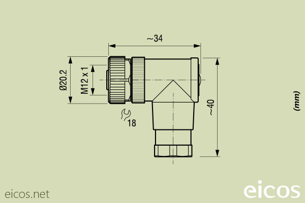 Dimensions of the 90° M12 female connector