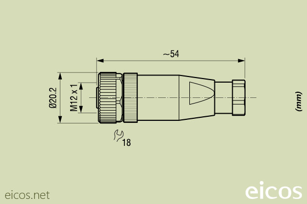 Dimensions of the straight M12 female connector