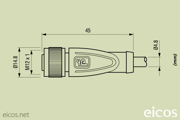 Dimensions of the straight M12 female connector with 2 meters cable