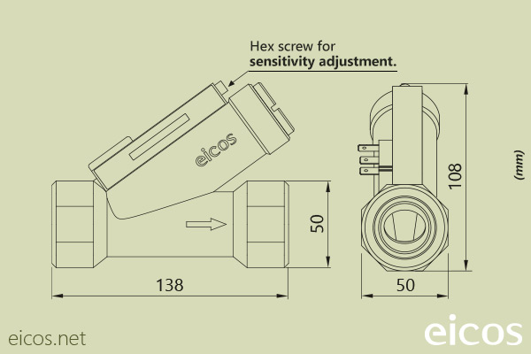 Dimensions of Eicos flow switch FC10B02