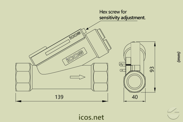 Dimensions of Eicos flow switch FC34B02