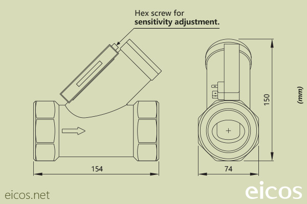 Dimensions of Eicos flow switch FG20B02