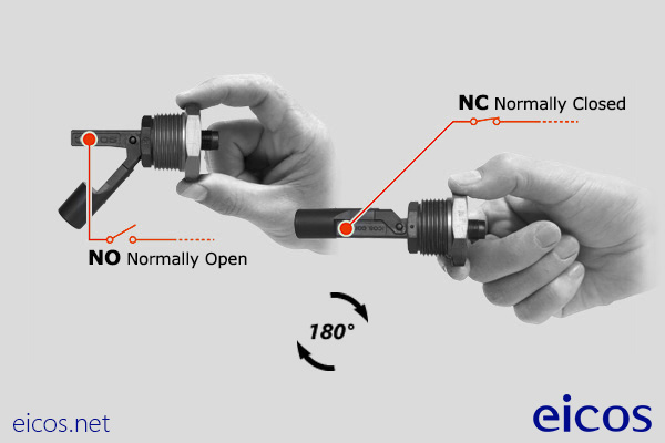 NO or NC installation of the level switch LA31N-M12