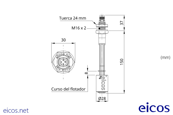 Dimensions of the level switch LE151-M12