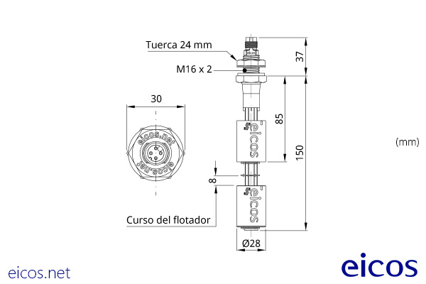 Dimensions of the level switch LE152-1-M12